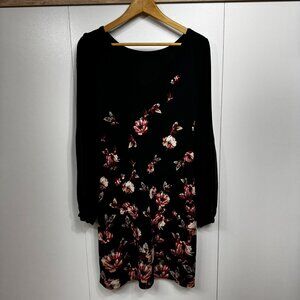WHBM Black Floral Shift Dress w/Sheer Blousey Sleeves - Size M